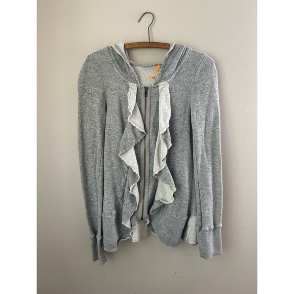 Grey Full Zip Ruffle Front Cardigan Sweatshirt Casual Comfy Women Ruffles Boho - Picture 1 of 5